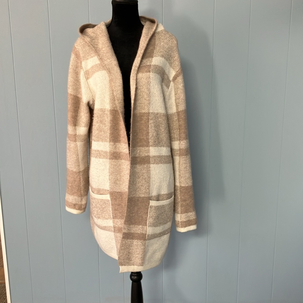 Beige and Cream Plaid Open Front Cardigan Duster With Hood Soft Lightweight
